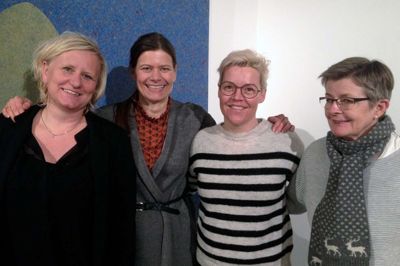 Bestyrelsen i Foreningen Kunstpakhusets Venner: Line Huus (tv), Anette Tjærby (sekretær), Anette Juhl Ternholdt-Pedersen (formand) og Jytte Gottlieb (suppleant). ?Foto: Privat