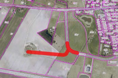 Den nye vej og kanaliseringsanlægget i Erhvervsområde Pårup Vest er markeret med rødt. ?Illustration: Ikast-Brande Kommune