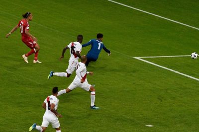Yussuf Poulsen bragte Danmark foran 1-0 med en halv time igen, da Danmark vandt over Peru i holdenes første kamp ved VM i Rusland. Foto: Juan Barreto/Ritzau Scanpix