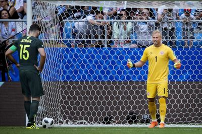 Australiens Mile Jedinak scorede på et VAR-dømt straffespark i kampen mellem Danmark og Australien på Samara Arena i Rusland. Foto: Liselotte Sabroe/Ritzau Scanpix
