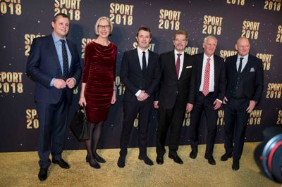 Lars Krarup (V), borgmester, Marie Rørbye Rønn, generaldirektør DR, HKH. Kronprins Frederik, Frank Jensen formand Team Danmark, Niels Nygaard DIF, og Georg Sørensen MCH. Foto: Tom Laursen