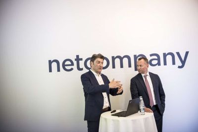 Sofie Mathiassen/Ritzau Scanpix. Topchef André Rogaczewski og finansdirektør Thomas Johansen præsenterede i maj sidste år børsnoteringen af Netcompany. I 2019 planlægger Netcompany nye opkøb for at vokse videre. (Arkivfoto)