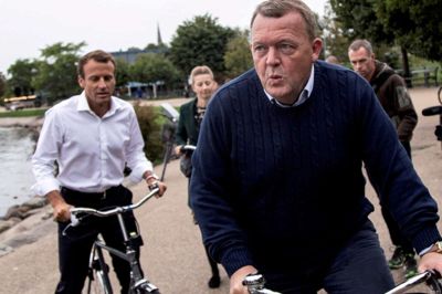 Statsminister Lars Løkke Rasmussen og præsident Emmanuel Macron kørte sidste år en cykeltur i København. Foto: Statsministeriet/Ritzau Scanpix