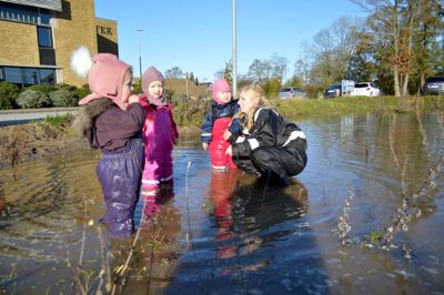 Victoria, Mynte og Thuri fra Ønskelandets vuggestue blev lokket helt ud på dybt vand af pædagog Michele Grabi. ?Foto: Laila Kempel