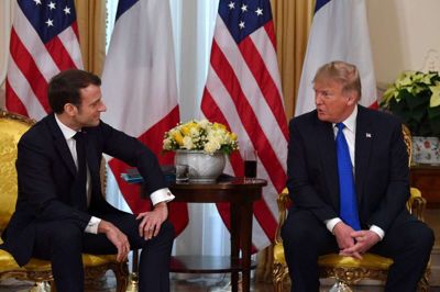 USA's præsident, Donald Trump, og Frankrigs præsident, Emmanuel Macron, på deres presssemøde i London.