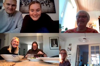 Familiemiddag online: Øverst til venstre Kamilla Lemvig Larsen og hendes kæreste, Peter, nedenunder Mathias Lemvig Larsen og hans kæreste, Sophie, øverst til højre farmor Irma Larsen og nedenfor Dorthe og Jan Lemvig Larsen. foto: screenshot