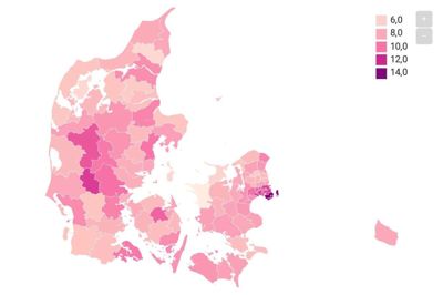 I Herning Kommune og Ikast-Brande kommune er der sendt flere hjem end gennemsnittet på landsplan. Datawrapper-kort: Tobias Tange Jepsen