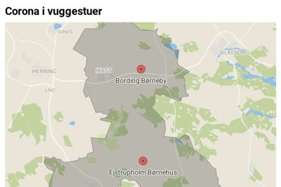 De to lokale vuggestuer, der er ramt af covid-19, ligger med godt 30 kilometers afstand i kommunen, og ifølge de nationale myndigheders opsporingsstrategi har de to tilfælde ingen umiddelbar relation; de to medarbejdere har ingen fælles kontaktflader, og de bor forskellige steder, lyder det fra Ikast-Brande Kommune. Datawrapper-grafik: Thomas Vang Nielsen