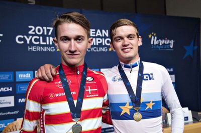 Kasper Asgreen (til højre) blev nummer to ved eliteherrernes enkeltstart ved EM sidste år. Billedet her er fra 2017, hvor han vandt enkeltstarten hos U23-rytterne. Landsmanden (til venstre) Mikkel Bjerg kom på andenpladsen (Arkivfoto).