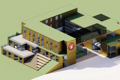 Byggeriet til FCM og Guldminen er et fælles hus, som deles op til hver enkelt organisation. Byggeriet kommer til at indeholde undervisningslokaler, kontorer, styrkerum, motionsrum, streethal og lignende. Den øverste etage skal rumme akademiboliger til FC Midtjylland. Illustration: Ikast Complete