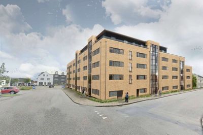 Fra T-krydset, hvor Grønnegade møder Jens Holdgaards Vej, vil man opleve det nye byggeri sådan. Illustration: Harritslev Arkitektur