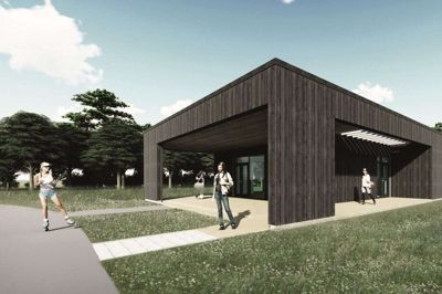 Bag hovedbygningen ved pædagoguddannelsen på Bøgildvej i Ikast opføres lige nu et nyt hus til udøvelse af musik- og studieliv. Illustration: Arkitec