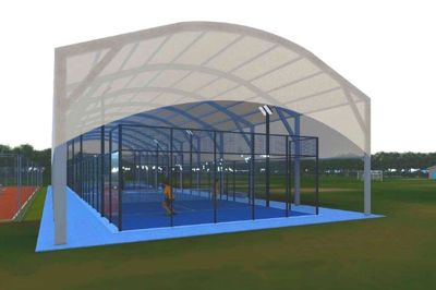 Der arbejdes i øjeblikket på at indsamle de nødvendige midler til at etablere to padelbaner og en overdækning ved Bording Hallen. Illustration: Bording Fitness