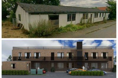 Øverst ses den nuværende bygning på Vinkelvej 3 i Nørre Snede, og nederst er det arkitektens illustration af kommende boliger. Foto: Collage: Herning Folkeblad