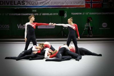 Tekstilfirmaet Chopar, der har base i Ikast, bliver også de næste fire år tøjleverandør til GymDanmarks gymnastiklandshold. På billedet ses gymnaster iført dragter fra Chopar under EM i 2018. Foto: GymDanmark