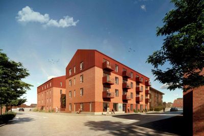 De nye boliger på hjørnet af Frejasgade og Nørregade ses her fra nordvest. Illustration: Pluskontoret Arkitekter