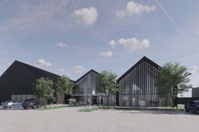 Byggeriet af det nye hovedkvarter for Fink Ejendomme og Fink Byg er planlagt til at begynde til september og forventes at være klar til indflytning sommeren 2023. Illustration: Sweco arkitekter