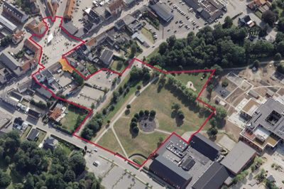 Luftfoto af det kommende byfornyelsesprojekt. Foto: Ikast-Brande Kommune