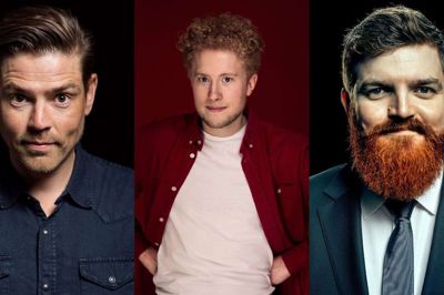 Den står på komik i Bakkehuset på onsdag 6. september med Jacob Wilson (t.v.), Jakob Thrane og værten Valdemar Pustelnik. Foto: PR-Foto