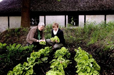 Henrik Ole Jensen. Museumsdirektør Tinna Møbjerg (t.v.) og museumsinspektør Charlotte Lindhardt i Kålhaven på Frilandsmuseet. De frivillige har sat haven i stand og plantet salat, kål og kartofler.