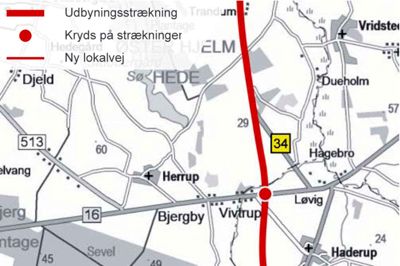Sådan ser skitseplanen ud for den nu udskudte omfartsvej, der skal forbedre trafikforbindelsen på rute 34 mellem Skive og Herning. ?tegning: Vejdirektoratet