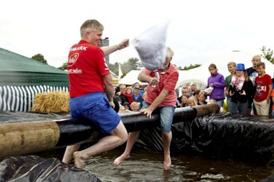 Tony Brøchner. Dyrskuet i Aulum var velbesøgt i lørdags med et besøgstal, der lå på 6500 mennesker. Igen i år var der meget at opleve på dyrskuet fra kåringen af Miss Aulum til kommunalpolitikere i vild slåskamp. Her er det Peter Kempf Sørensen fra Ikast-Brande (A) og Jens Kristian Hedegaard (V) (forrest i billedet) fra Holstebro i kamp