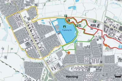 Der er flere distancer at vælge mellem med de nye gå- og løberuter.
Blå rute: Søruten på 2,7 kilometer
Grøn rute: Naturruten på 4,7 kilometer
Rød rute: Sportsruten på 5,5 kilometer
Gul rute: Tjørring-ruten på 7,3 kilometer?Tegning: Herning Kommune