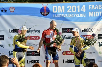 Rasmus Quaade vinder, da der torsdag var DM i enkeltstart i landevejscykling i Fåborg. Nr 2 blev Christoffer Juul og nr 3 blev Michael Valgren Andersen. (Ernst van Norde/POLFOTO)