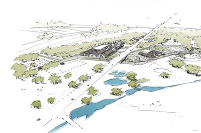 Vision Vestergade i Ikast er stadig et projekt i støbeskeen. I 2014 forestillede arkitekten sig, at husene skal placeres i landskabet, som det er illustreret på billedet. Men nu arbejdes der på en mere bynær placering af hovedbygningerne ?Illustration: Cubo Arkitekter