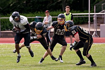 Herning Hawks vil øge interessen for amerikansk fodbold. Det sker med en træningslejr i weekenden. Billedet er fra Hawks' førsteholds kamp mod Horsens i 2014. ?Foto: Jørn Deleuran