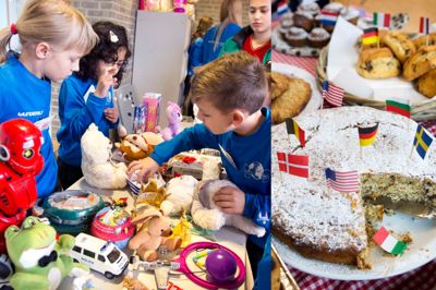 Der blev byttet mange varer og penge, da International School Ikast-Brande holdt åbent hus med markedsdag. Her er det pigerne Sophie og Eshita samt en potentiel kunde, der prutter om prisen på et stykke legetøj. Til højre ses et lille udvalg af de mange forskellige internationale retter, der kunne nydes ved caféen. ?Fotocollage: Tom Laursen