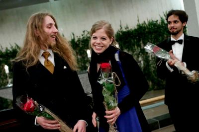 Hovedpriserne gik til Jonas Kohl fra Hvidovre (t.v.) og Anna Christine Bauer fra Aarhus. Shaked Evron modtog Den Jyske Operas Pris.
