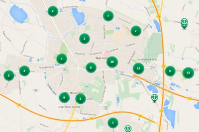 På hjemmesiden www.hjertestarter.dk er over 11.600 hjertestartere registreret. Dette kort fra hjemmesiden giver et overblik over antallet i Herning by og flere af forstæderne.