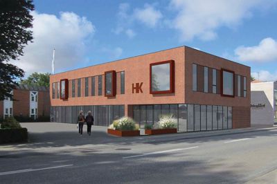 Sådan forestiller HK Midtvest sig, at fagforeningens nye domicil i Vestergade vil komme til at se ud. Byggeriet skal erstatte Herning Klædefabriks gamle direktørvilla fra 1907, der skal rives ned, hvis byrådet ender med at godkende lokalplanen. ? visualisering: Søren Andersen Arkitekter