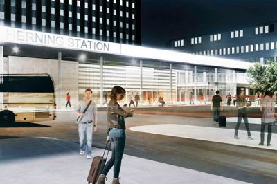 Herning Kommune og entreprenørfirmaet C.C. Contractor indleder ombygningen på banegårdspladsen med at lukke og flytte den vestlige rampe til p-kælderen. Bagefter begynder arbejdet med at anlægge de nye perroner og tilkørselsvejen til forpladsen - og til sidst bygges den nye terminalbygning. ?Grafik: C.C. Contractor