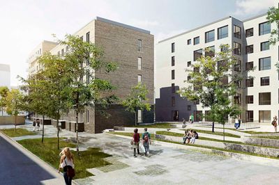 Opførelsen af en række ungdoms- og studielejligheder i Nimbusparken på Frederiksberg er blandt de senest vundne ordrer for entreprenørvirksomheden JFP med hovedsæde i Herning. På skitsen her er vist, hvordan boligerne kommer til at se ud. ?Foto: PR-foto