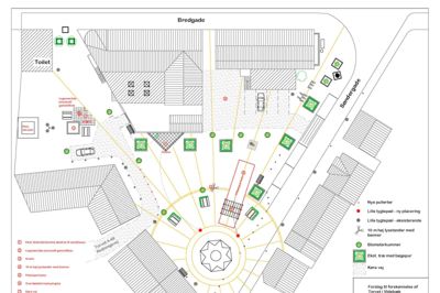 Det første forslag til et nyt torv, som en gruppe studerende fra Via University College har udarbejdet. Mødet med beboere fra BoMIdt Vest resulterede i flere ideer.? Skitse: Arkitekt Sørensen Danielsen