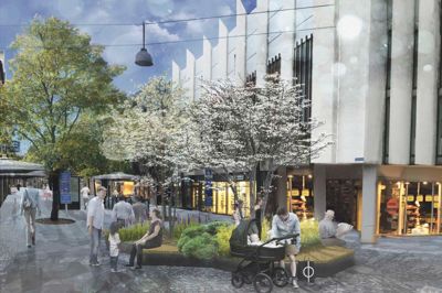 Det er grønne øer som denne, der er en stor del af fornyelsen af Bredgade. ? Visualisering: Herning Kommune