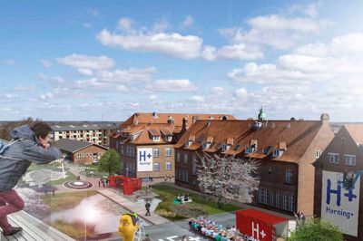 Efter de foreløbige planer skal den lave sammenbygning mellem den gamle og den nyere del af Regionshospitalet fjernes. Det åbner for en nord/syd-gående passage gennem den 100.700 kvadratmeter store sygehusgrund, hvor den nuværende ovale parkeringsplads kommer til at indgå i et grønt, aktivitetsskabende byrum. ? Illustration: Bascon