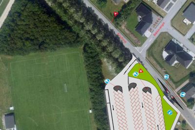 Forslaget om at udvide Bording Hallens parkeringsplads kommer ikke igennem. Der er ikke penge til projektet på nuværende tidspunkt. Illustration: Ikast-brande Kommune