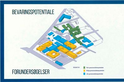 Herning Kommune har i samarbejde med Region Midtjylland og Realdania fået lavet en forundersøgelse med tre analyser af sygehusgrunden. En bevaringsanalyse, en markedsanalyse og en ingeniørrapport. Den viste tegning giver en idé om potentialet for at genanvende de forskellige bygninger set fra et bevaringssynspunkt. ?Tegning: Planværkstedet