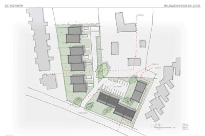 Arkitektens skitse for, hvordan nybyggeriet på den sydlige del af museumsgrunden i Herning kan komme til at se ud. Øverst ses frilandsmuseets bygninger, og mod vest tænkes syv rækkehuse opført. Mod syd er det tanken at bygge blokke i to-tre etager, hvoraf de sydligste får en andensal med tilbagetrukket penthouse. ?Foto: Arkitec