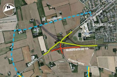 Bilister på hovedvej 15 ved Snejbjerg skal frem til sommerferien passere anlægget af Holstebro-motorvejens tilslutningsanlæg via en midlertidig vej - markeret med grønt. Samtidig medfører arbejdet, at Krogstrupvej bliver lukket ved rute 15, og derfor er der etableret omkørsler for både bilister og cyklister - henholdsvis den gule og den blå markering. ?Foto: Vejdirektoratet