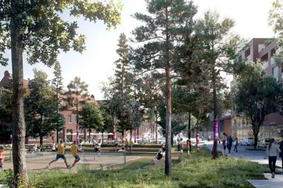 Den centrale plads i Herning+ skal summe af liv, når den nye bydel på sygehusgrunden en dag står færdigudbygget. ? Visualisering: Effekt