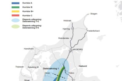 Vejdirektoratet har tidligere gennemført en analyse på fire mulige motorvejslinjer. Nu skal der gennemføres en egentlig forundersøgelse af de mulige linjeføringer.? Illustration: Vejdirektoratet