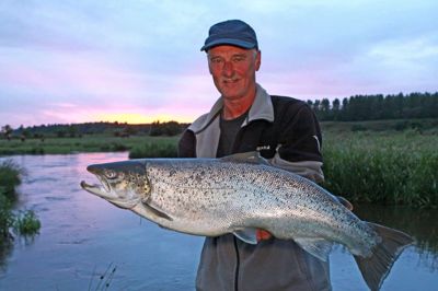 Bruno Broberg fra Silkeborg hører ikke til dem, der klager over det danske sommervejr. Her ved Karup Å med en flot havørred på ni kilo.? Privatfoto