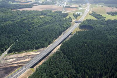 Luftfoto af den kommende motorvej ved Silkeborg.