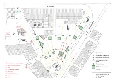 PS: Ny skitse sendt i scanner. Samme tekst.
Sådan kan Stjernetorvet komme til at tage sig ud med scene, petanquebane, sandkasse og legeområde. Skitse: Arkitekt Søren Danielsen