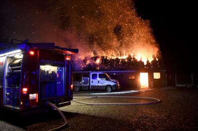 Tre heste og nogle grise blev reddet ud af den brændende længe, hvor halm på loftet gjorde slukningsarbejdet vanskeligt.? Holck-photo