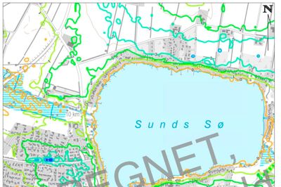 Herning Vand anslår følgende grundvandsspejl, når kloakarbejdet i Sunds er tilendtebragt. Det er de små tal på kortet, som med forbehold angiver den forventede grundvandsdybde i meter. ?illustration: Herning Vand A/S